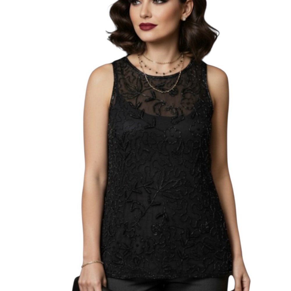Georgiou  Silk Allover Beads Formal Sheer EUC  Black Sleeveless Top